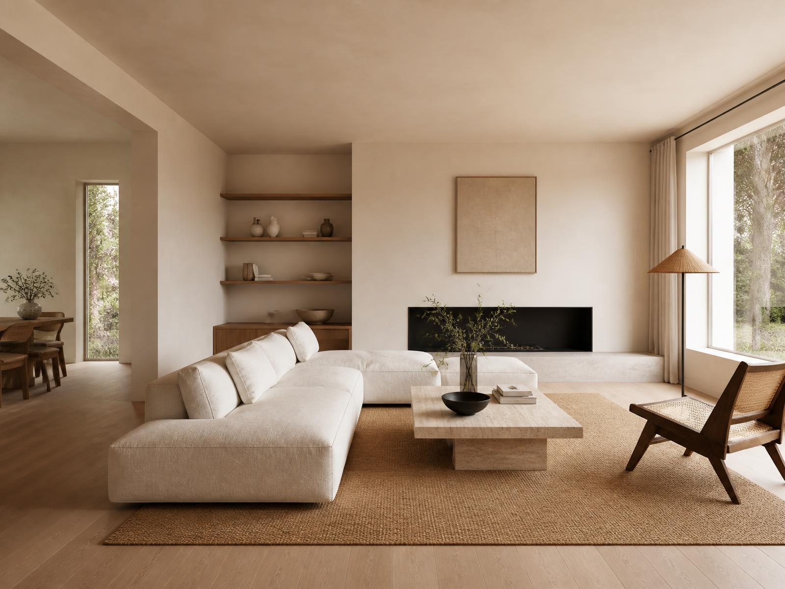Sunlit contemporary living room with linen sofa, oak shelving and travertine table